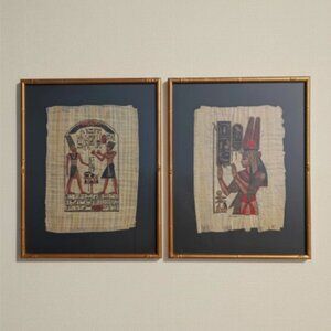 Vintage Egyptian Papyrus Paintings Framed Pair Signed Mid-Century Gold Bamboo